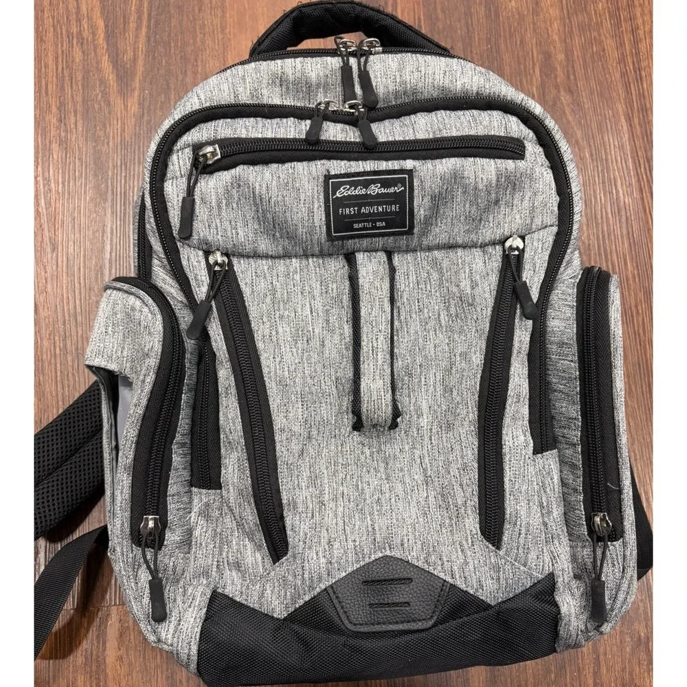 Eddie Bauer‎ Gray Rainier Back Pack Diaper-Bag Center Handle-Stroller Loops